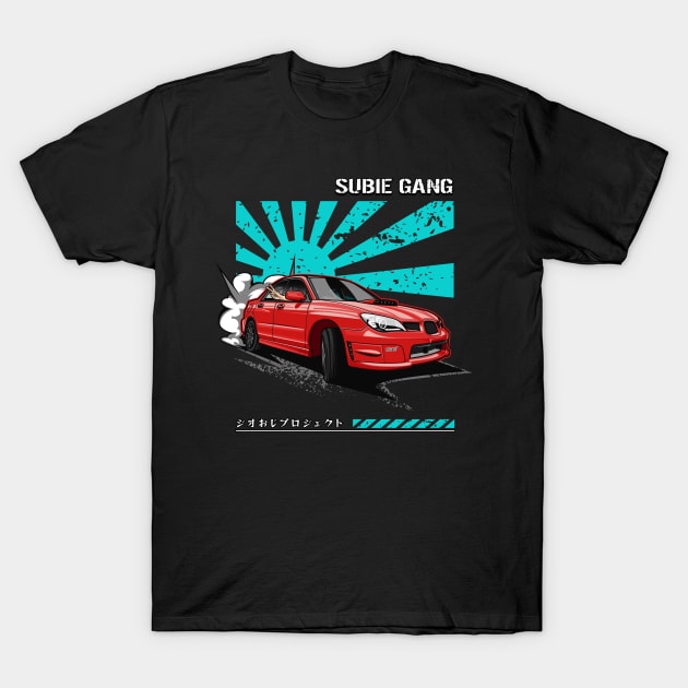 Subie Gang WRX STi (Candy Red) T-Shirt by Jiooji Project